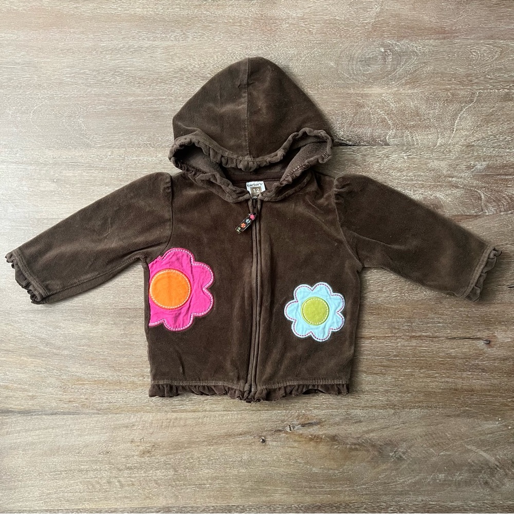 Carter’s Toddler Brown Velour with Flower Patches and Ruffle Hem Zip Up Jacket